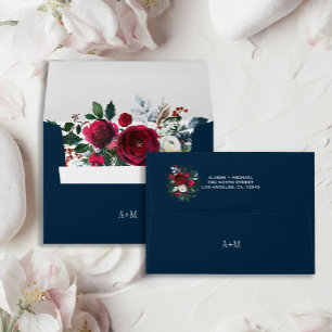 Winter navy burgundy floral wedding monogram envelope