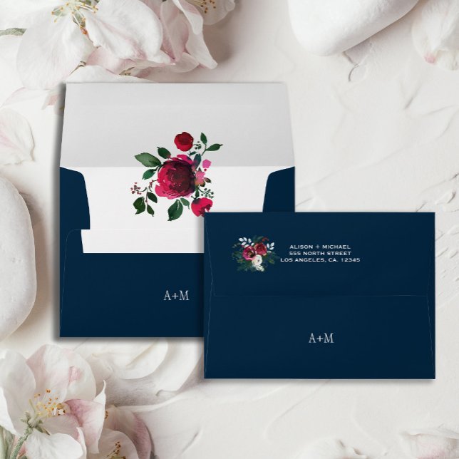 Winter navy burgundy floral wedding monogram envelopes (Creator Uploaded)