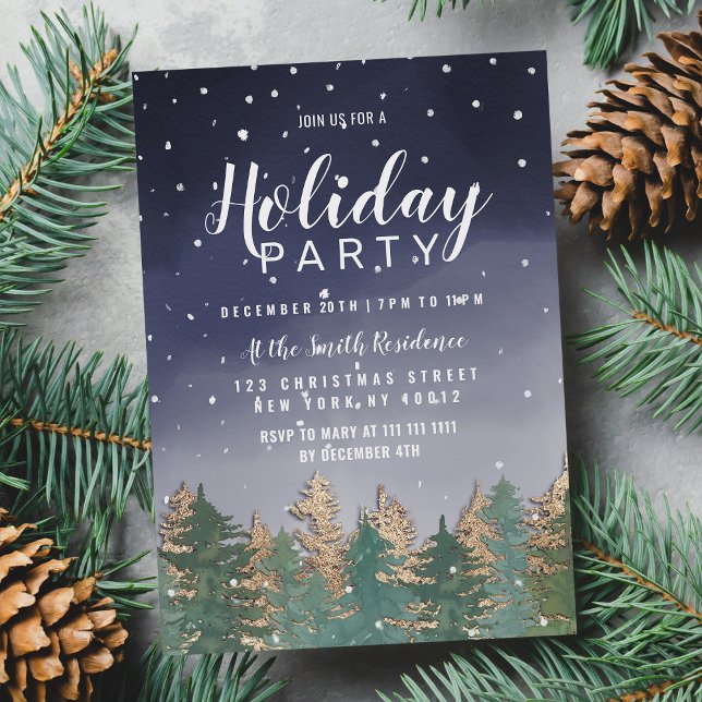 Winter Navy Watercolor Snow Trees Holiday Party Invitation Postcard (Winter Navy Watercolor Snow Trees Holiday Party )