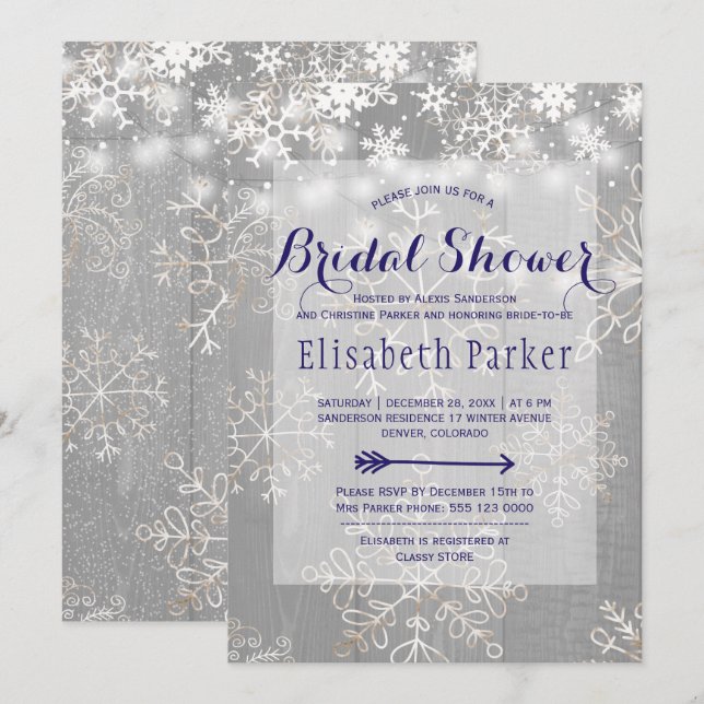 Winter navy white wonderland snowing bridal shower invitation (Front/Back)