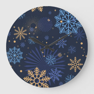 Winter Night: Blue Snowflake Pattern. Large Clock