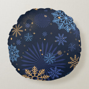 Winter Night: Blue Snowflake Pattern. Round Cushion