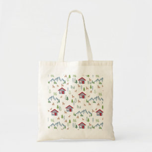 Winter Night Deer Forest Cabin Pattern II Tote Bag