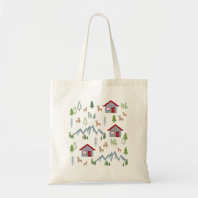 Winter Night Deer Forest Cabin Pattern II Tote Bag (Front)