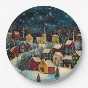 Winter Night Folk Art Oil Painting Paper Plate