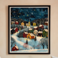 Winter Night Folk Art Oil Painting Poster