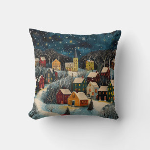 Winter Night Folk Art Oil Painting Poster Cushion