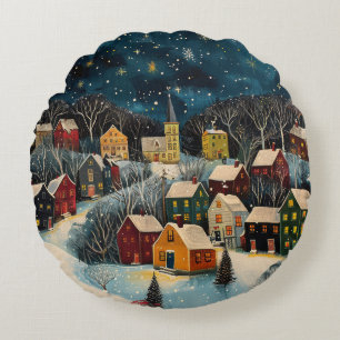 Winter Night Folk Art Oil Painting Poster Round Cushion