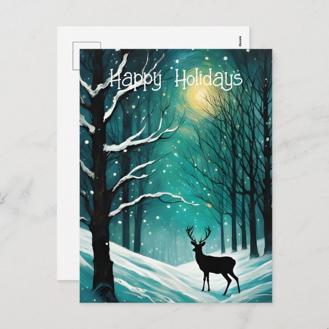 Winter Night Forest Deer Christmas Holiday Postcard (Front/Back)