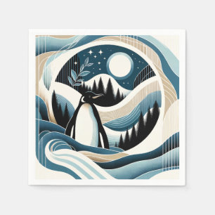 Winter Night In Blue Cream Penguin Forest Napkin