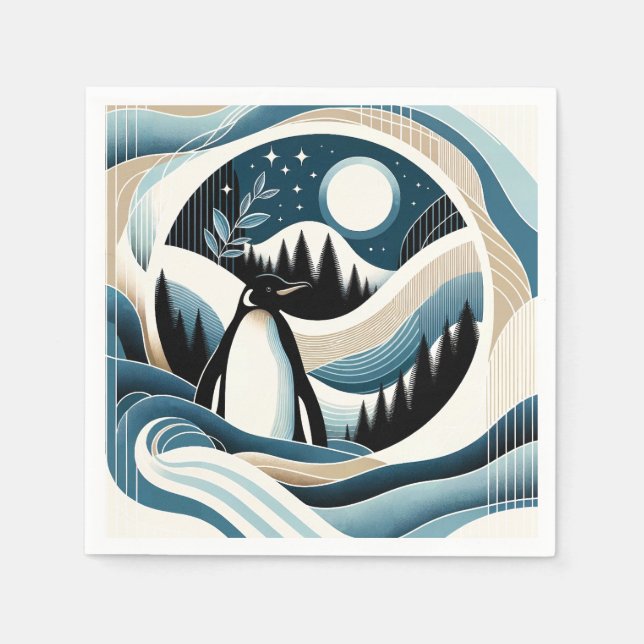 Winter Night In Blue Cream Penguin Forest Napkin (Front)