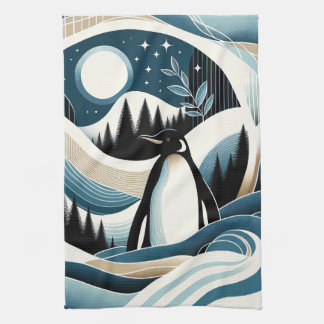 Winter Night In Blue Cream Penguin Forest Tea Towel