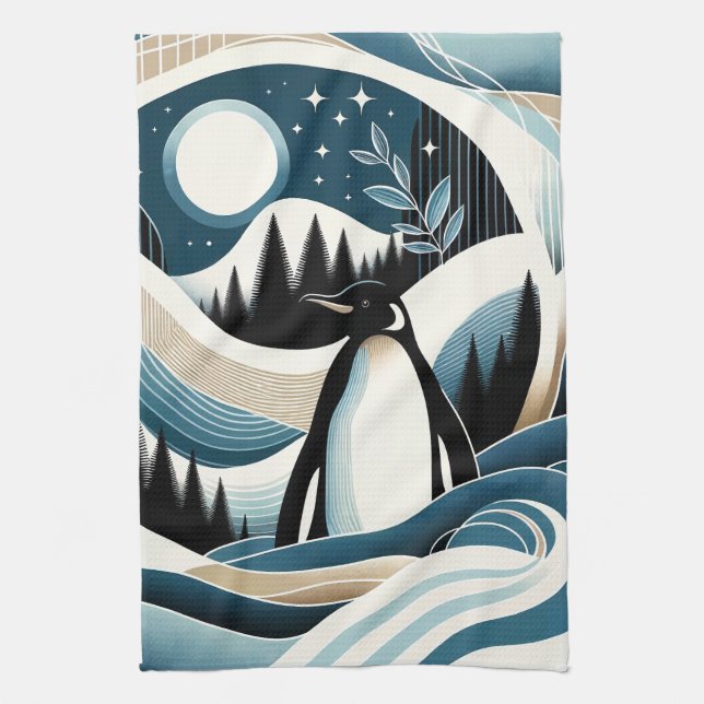 Winter Night In Blue Cream Penguin Forest Tea Towel (Vertical)