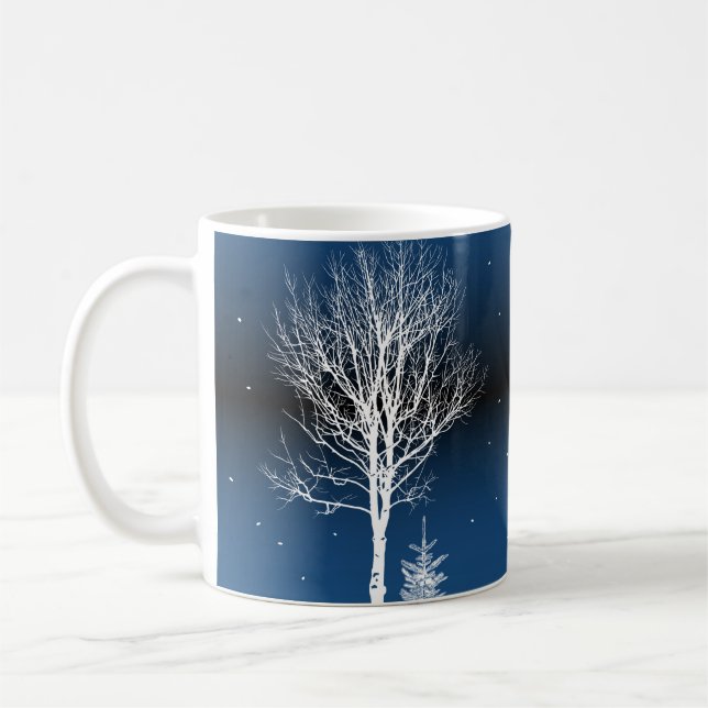 Winter night landscape, cosy house, moon. coffee mug (Left)