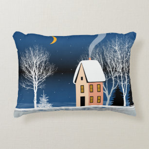 Winter night landscape. Cosy house, various trees, Decorative Cushion