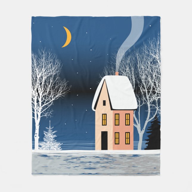 Winter night landscape. Cosy house, various trees, Fleece Blanket (Front)