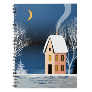 Winter night landscape. Cosy house, various trees, Notebook