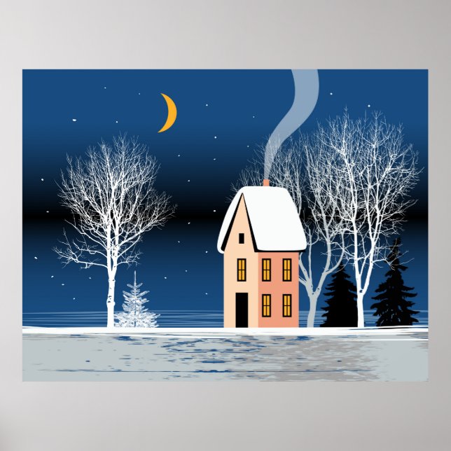 Winter night landscape. Cosy house, various trees, Poster (Front)