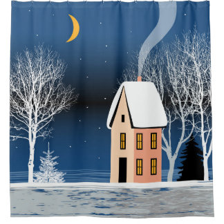 Winter night landscape. Cosy house, various trees, Shower Curtain