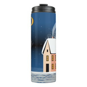 Winter night landscape. Cosy house, various trees, Thermal Tumbler