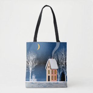 Winter night landscape. Cosy house, various trees, Tote Bag