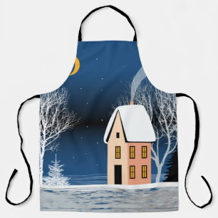 Winter night landscape. Cozy house, various trees, Apron
