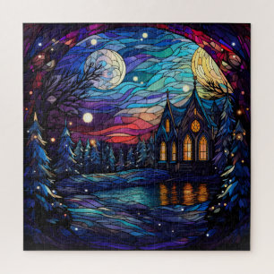Winter Night Landscape In Stained Glass Style Jigsaw Puzzle