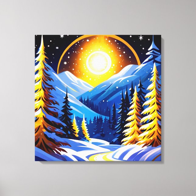 Winter Night Landscape With Snowy Mountains Canvas Print (Front)