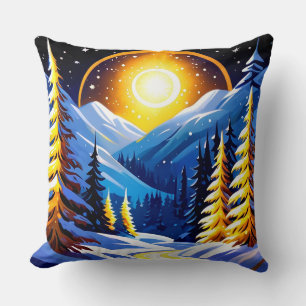 Winter Night Landscape With Snowy Mountains Cushion