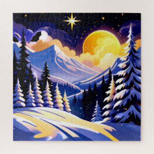 Winter Night Landscape With Snowy Mountains Jigsaw Puzzle