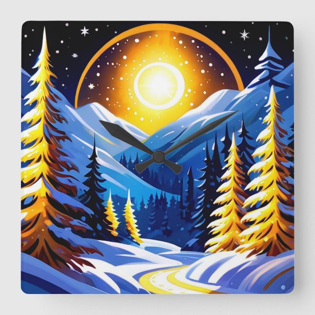 Winter Night Landscape With Snowy Mountains Square Wall Clock (Front)