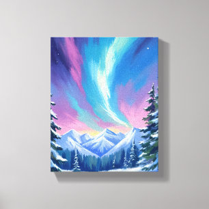 Winter Night Northern Lights Watercolor Mountain Canvas Print