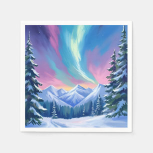 Winter Night Northern Lights Watercolor Mountain Napkin