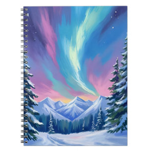 Winter Night Northern Lights Watercolor Mountain Notebook