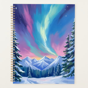 Winter Night Northern Lights Watercolor Mountain Planner