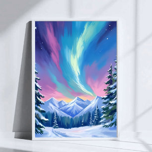 Winter Night Northern Lights Watercolor Mountain Poster