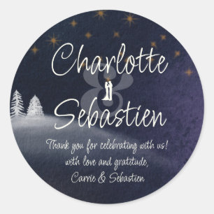 Winter Night & Pine Tree Modern Watercolor Wedding Classic Round Sticker