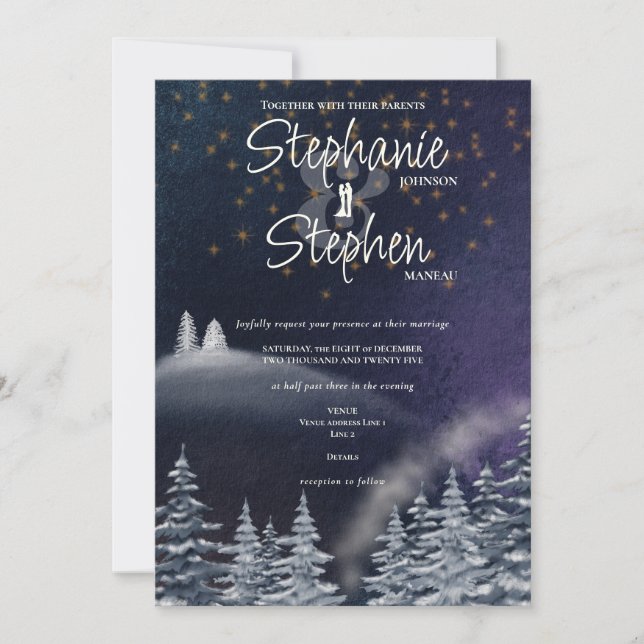 Winter Night & Pine Tree Modern Watercolor Wedding Invitation (Front)