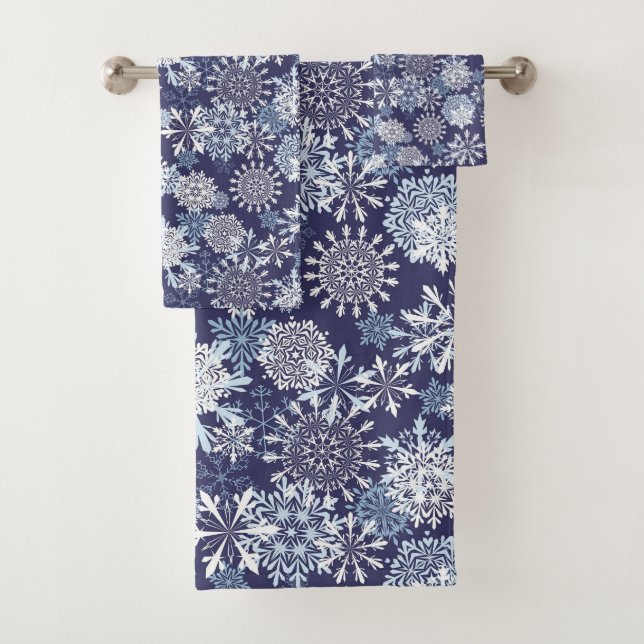 Winter NIght Sky with Snowflakes Bath Towel Set (Insitu)