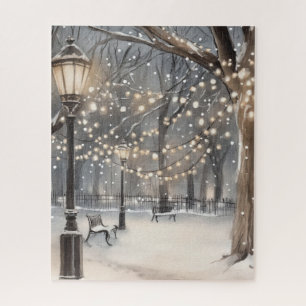 Winter Night Snow Park String Lights Jigsaw Puzzle