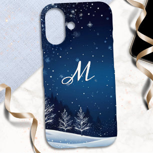 Winter Night Snow Scene Blue Monogrammed iPhone 16 Case