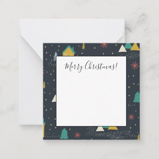 Winter Night Snowflakes Falling on Little Houses Card (Front)