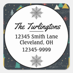 Winter Night Snowflakes Houses Return Address Square Sticker