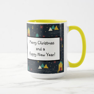 Winter Night Snowflakes Landing on Little Houses Mug