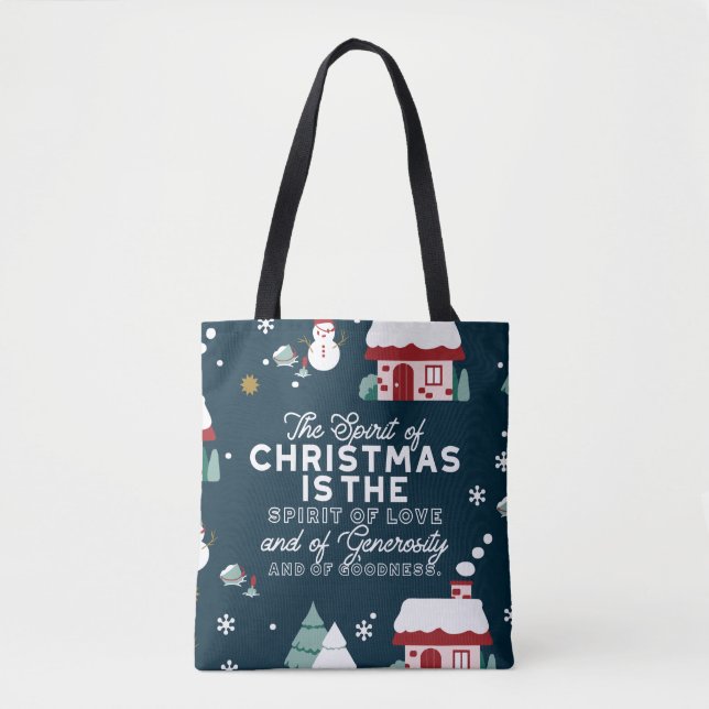 Winter Night Village Scene with Christmas Spirit Tote Bag (Front)