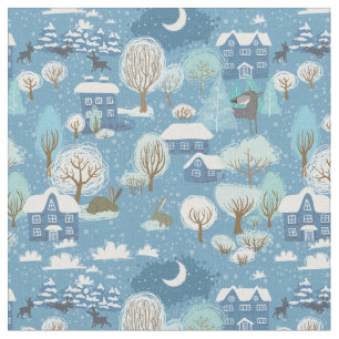 Winter night vintage village scene fabric