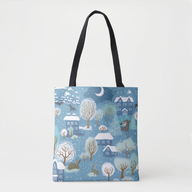 Winter night vintage village scene tote bag (Front)
