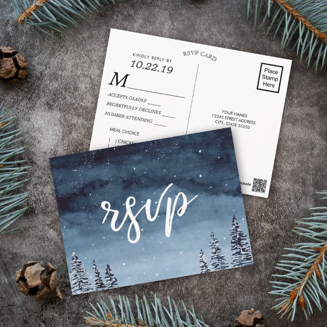 Winter Night Watercolor Navy | Meal Choice RSVP Postcard (Watercolor Winter wonderland rsvp meal postcard featuring a navy blue night background with snow.)