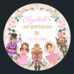 Winter Nutcracker Floral Birthday Party Baby Girl Classic Round Sticker<br><div class="desc">This adorable round sticker features magical characters from one of the most loved Christmas tales of all time, The Nutcracker. Use the text fields to personalise the tags with your own wording and details. Click the "customise further" button if you wish to re-arrange and format the style and placement of...</div>