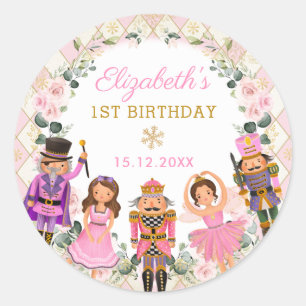 Winter Nutcracker Floral Birthday Party Baby Girl Classic Round Sticker